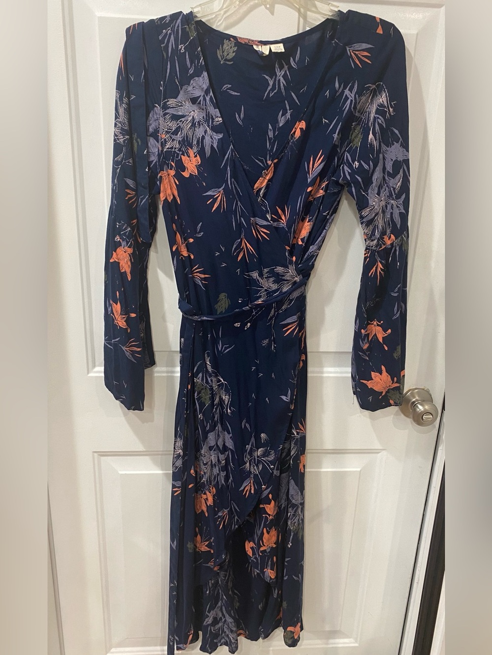 Roxy Navy Floral Wrap Maxi Dress with Orange and Lavender Accents womenβs L